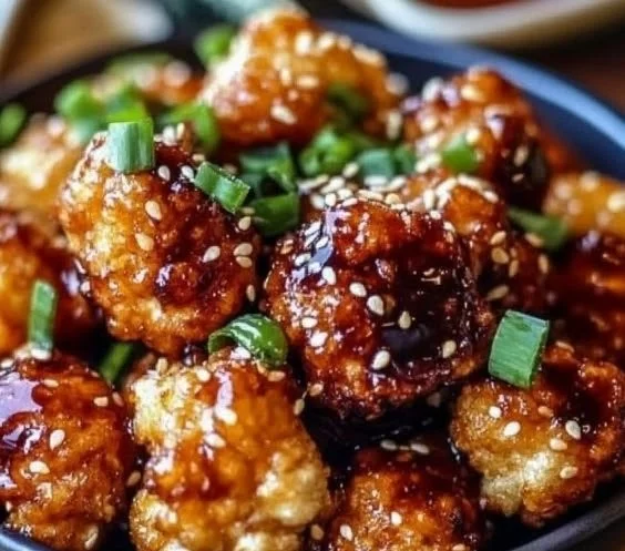 Korean Baked Cauliflower dish garnished with sesame seeds and green onions