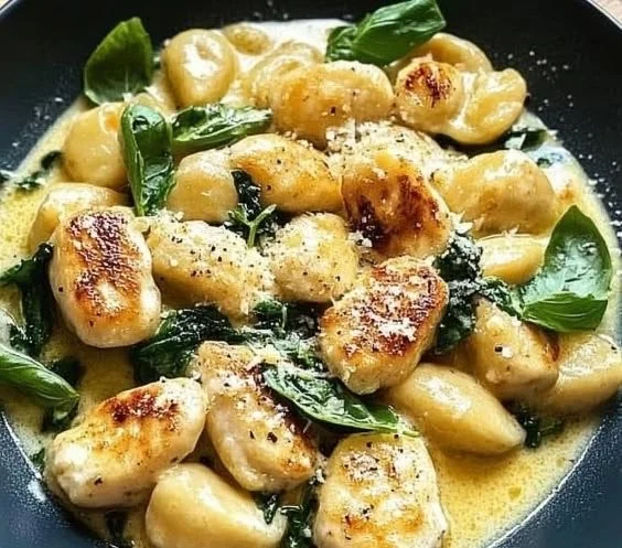Lemon Gnocchi with Chicken served in a bowl garnished with herbs