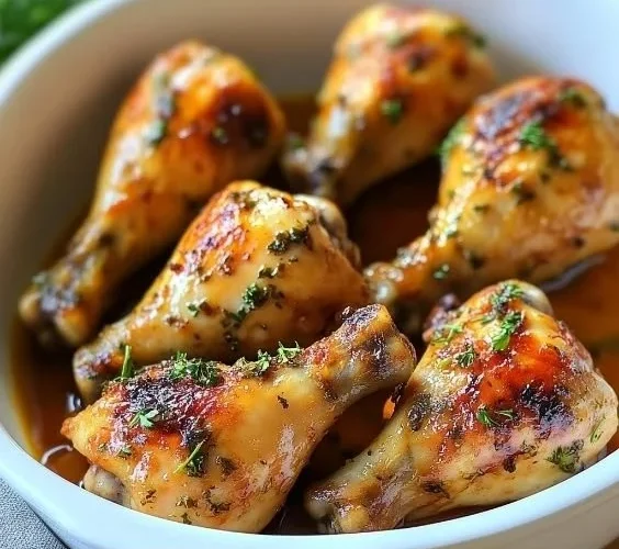 Savory Crock-Pot chicken drumsticks served on a plate with herbs.