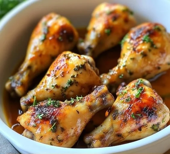 Savory Crock-Pot chicken drumsticks served on a plate with herbs.