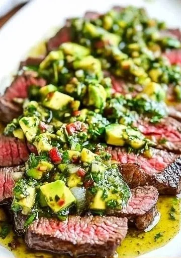 Delicious skirt steak served with avocado chimichurri sauce