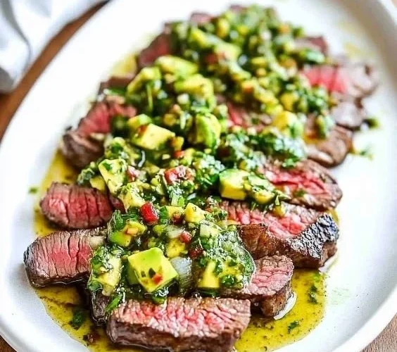 Delicious skirt steak served with avocado chimichurri sauce