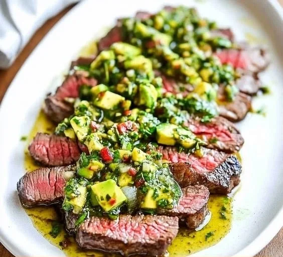 Delicious skirt steak served with avocado chimichurri sauce