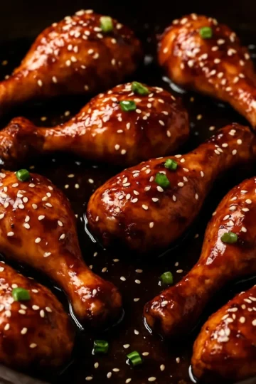 Slow Cooker Asian Glazed Chicken Drumsticks garnished with sesame seeds and green onions