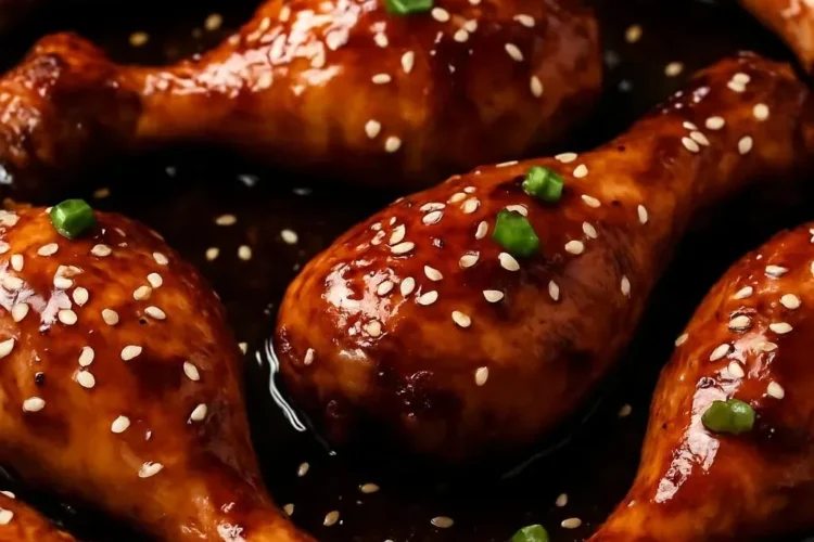Slow Cooker Asian Glazed Chicken Drumsticks garnished with sesame seeds and green onions