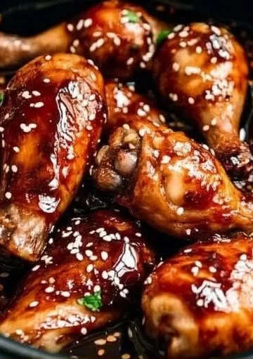 Slow Cooker Asian Glazed Chicken Drumsticks garnished with sesame seeds and herbs