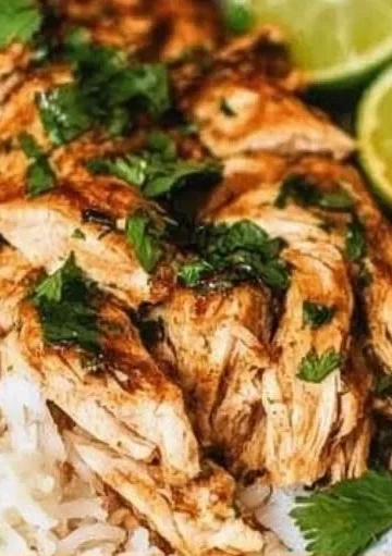 Slow cooker cilantro lime chicken served with fresh lime and cilantro garnish.