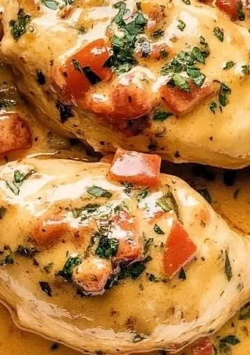 Slow Cooker Tomato Basil Chicken Breasts served with fresh herbs