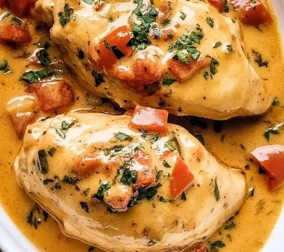 Slow Cooker Tomato Basil Chicken Breasts served with fresh herbs