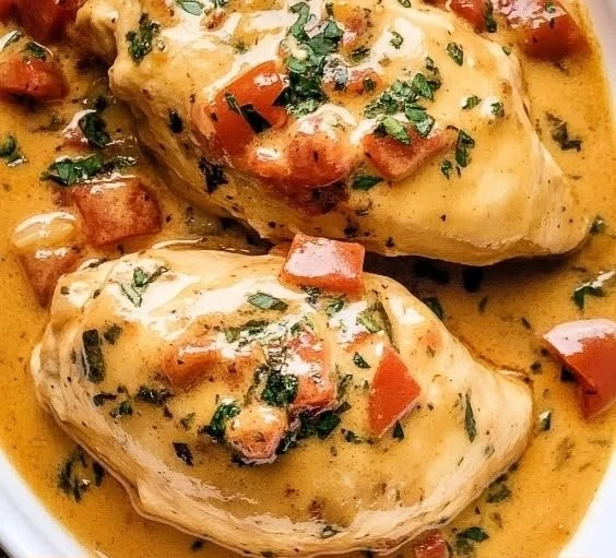 Slow Cooker Tomato Basil Chicken Breasts served with fresh herbs