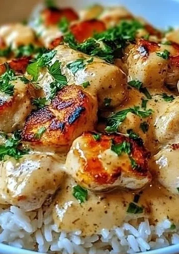 Plate of smothered chicken served over rice with rich gravy and vegetables.