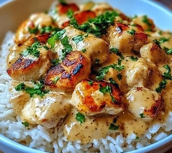 Plate of smothered chicken served over rice with rich gravy and vegetables.