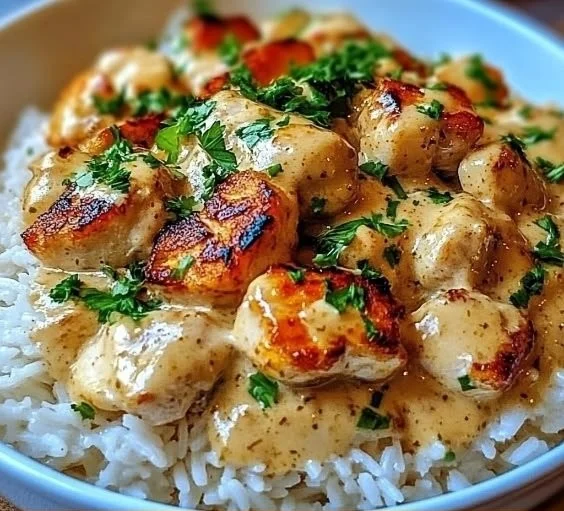 Plate of smothered chicken served over rice with rich gravy and vegetables.