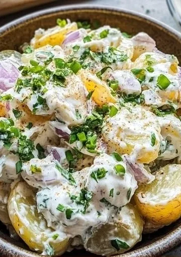 Sour cream and onion potato salad served in a bowl