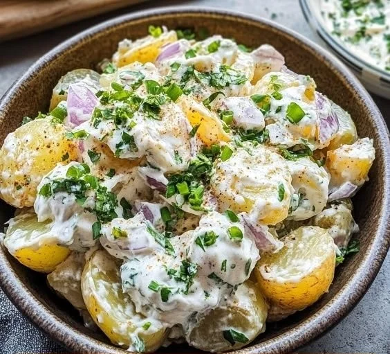 Sour cream and onion potato salad served in a bowl