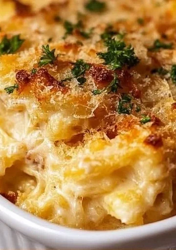 Bowl of creamy spaghetti squash mac and cheese topped with herbs and cheese