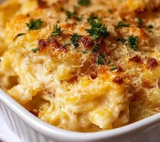 Bowl of creamy spaghetti squash mac and cheese topped with herbs and cheese