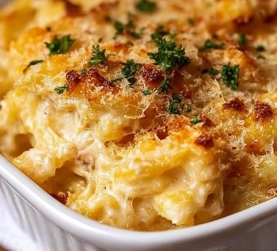 Bowl of creamy spaghetti squash mac and cheese topped with herbs and cheese
