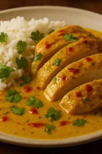 Spicy Brazilian Coconut Chicken served with fresh herbs and vibrant sides