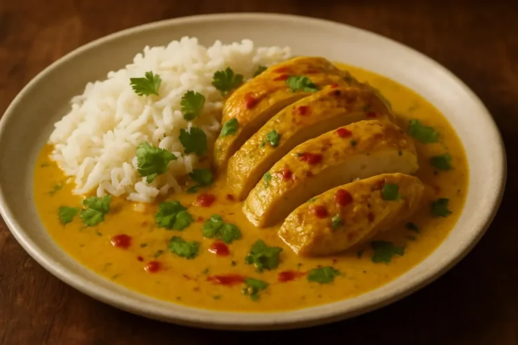 Spicy Brazilian Coconut Chicken served with fresh herbs and vibrant sides