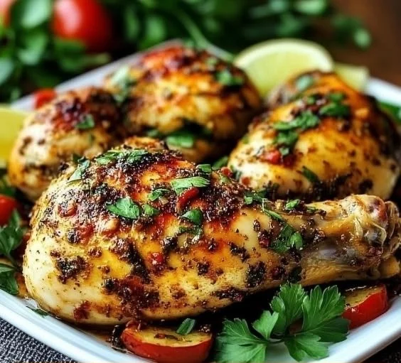 Spicy Calabrian chili roasted chicken garnished with fresh herbs