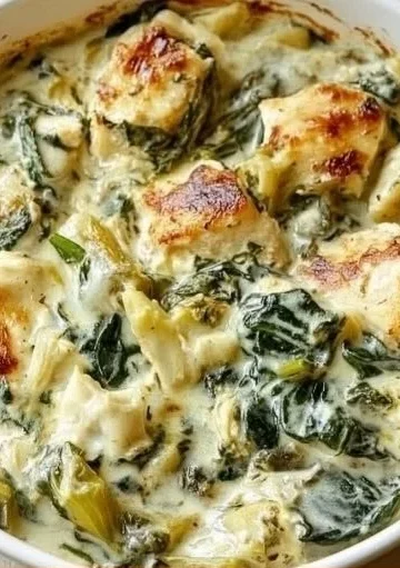 Creamy spinach artichoke chicken with cottage cheese served on a plate.