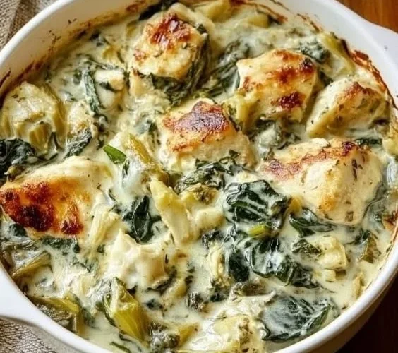 Creamy spinach artichoke chicken with cottage cheese served on a plate.