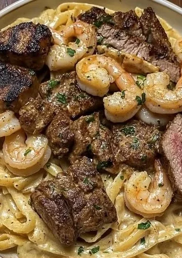 Plate of creamy Steak and Shrimp Alfredo topped with parsley