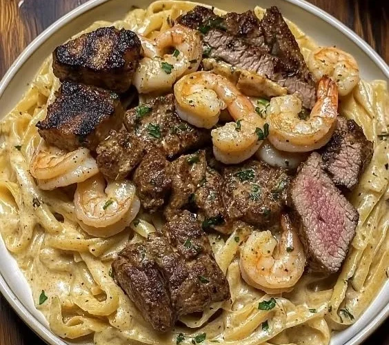 Plate of creamy Steak and Shrimp Alfredo topped with parsley
