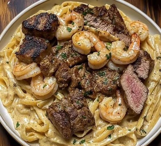 Plate of creamy Steak and Shrimp Alfredo topped with parsley
