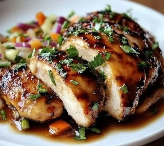 Sticky apple cider chicken served with fresh herbs and caramelized apples