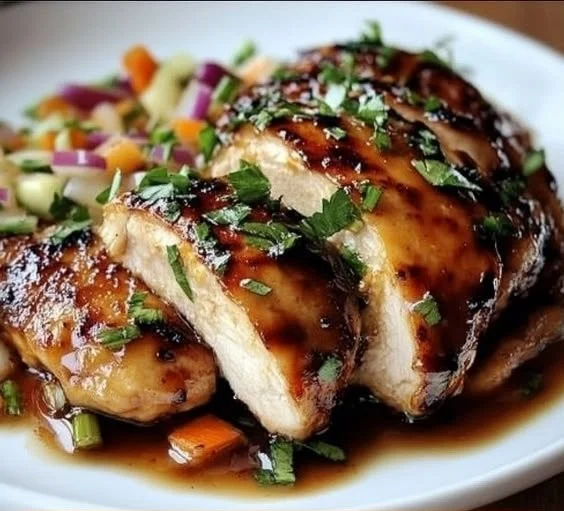 Sticky apple cider chicken served with fresh herbs and caramelized apples