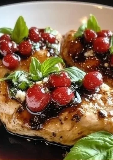 Plate of Strawberry Basil Chicken garnished with fresh basil and strawberries