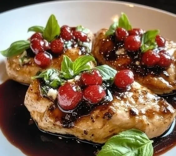 Plate of Strawberry Basil Chicken garnished with fresh basil and strawberries
