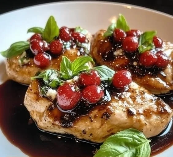 Plate of Strawberry Basil Chicken garnished with fresh basil and strawberries