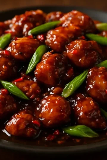 Delicious plate of Sweet Savory Mongolian Chicken garnished with green onions.