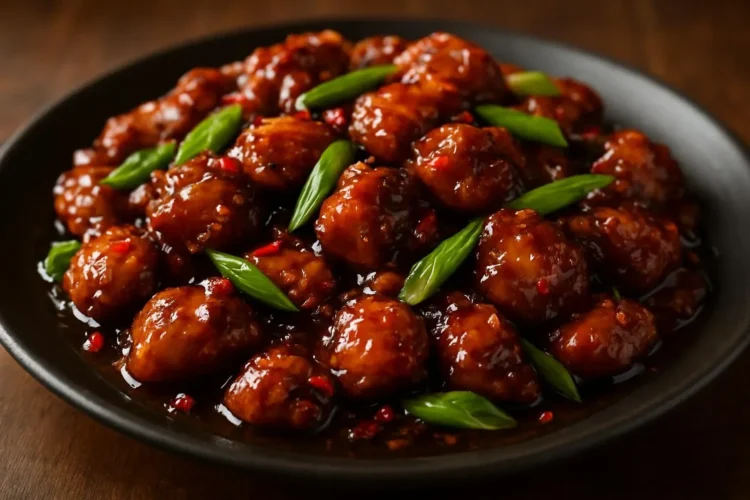 Delicious plate of Sweet Savory Mongolian Chicken garnished with green onions.