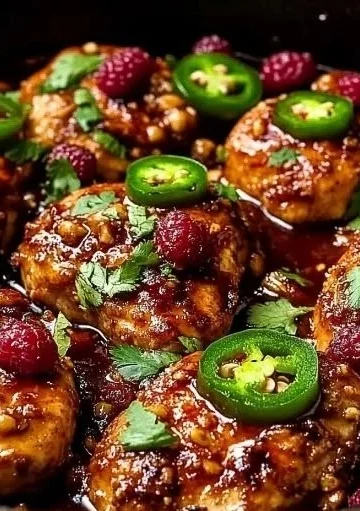 Delicious Sweet & Spicy Jalapeño Raspberry Chicken dish garnished with fresh herbs