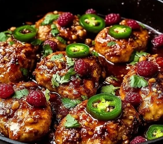 Delicious Sweet & Spicy Jalapeño Raspberry Chicken dish garnished with fresh herbs