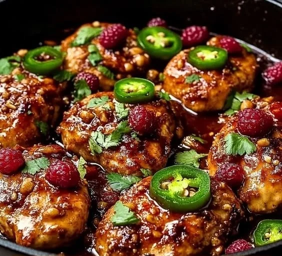 Delicious Sweet & Spicy Jalapeño Raspberry Chicken dish garnished with fresh herbs