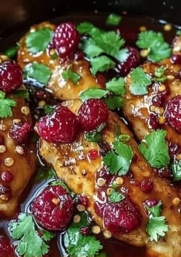 Plate of sweet and spicy jalapeño raspberry chicken garnished with herbs