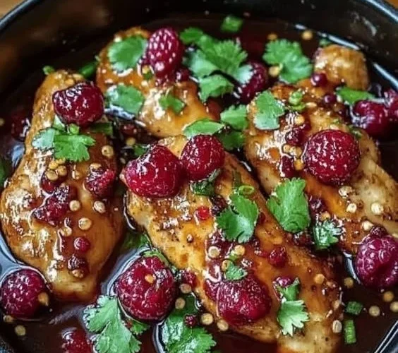 Plate of sweet and spicy jalapeño raspberry chicken garnished with herbs