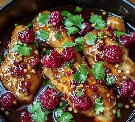 Plate of sweet and spicy jalapeño raspberry chicken garnished with herbs