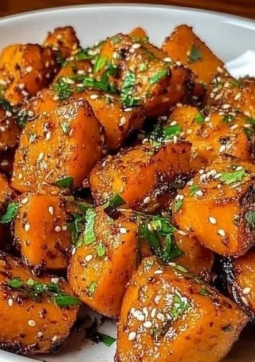 Bowl of sweet and spicy smashed sweet potatoes topped with herbs.
