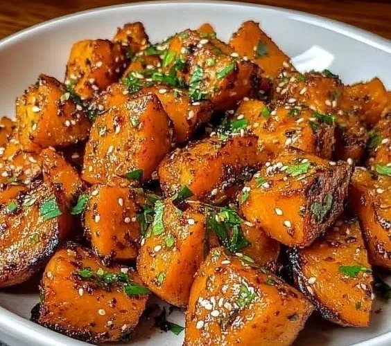 Bowl of sweet and spicy smashed sweet potatoes topped with herbs.