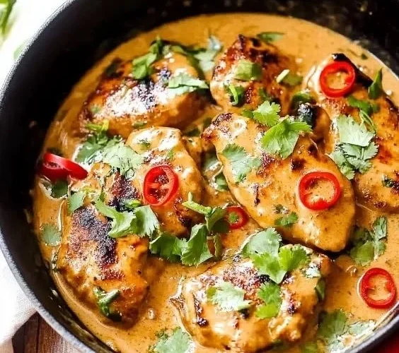 Thai Coconut Honey Lime Chicken garnished with lime slices and herbs on a plate.