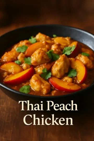A delicious serving of Thai Peach Chicken garnished with fresh herbs.