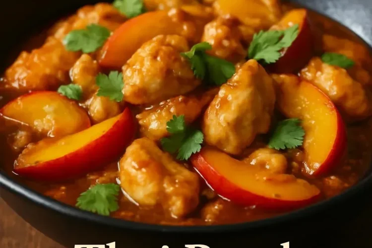 A delicious serving of Thai Peach Chicken garnished with fresh herbs.