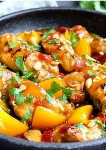 Delicious Thai Peach Chicken garnished with fresh herbs and peaches