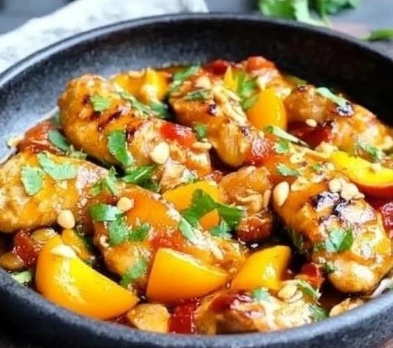 Delicious Thai Peach Chicken garnished with fresh herbs and peaches